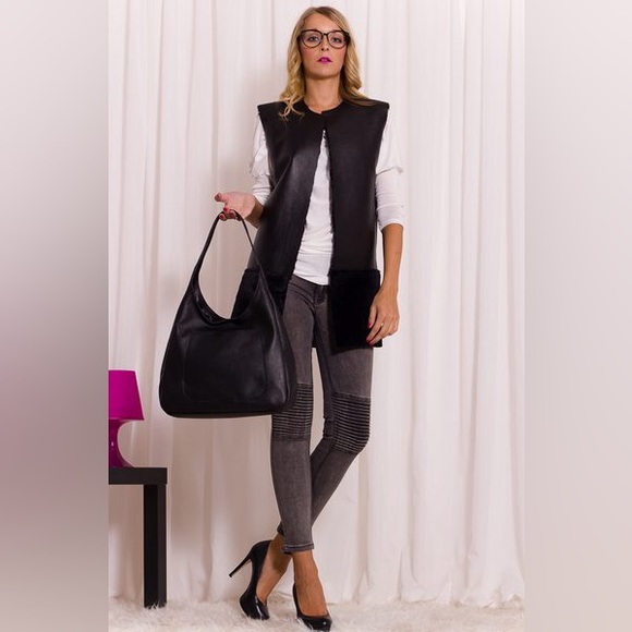 ITALIAN VEST FAUX LEATHER FAUX FUR BLACK - Picture 3 of 9